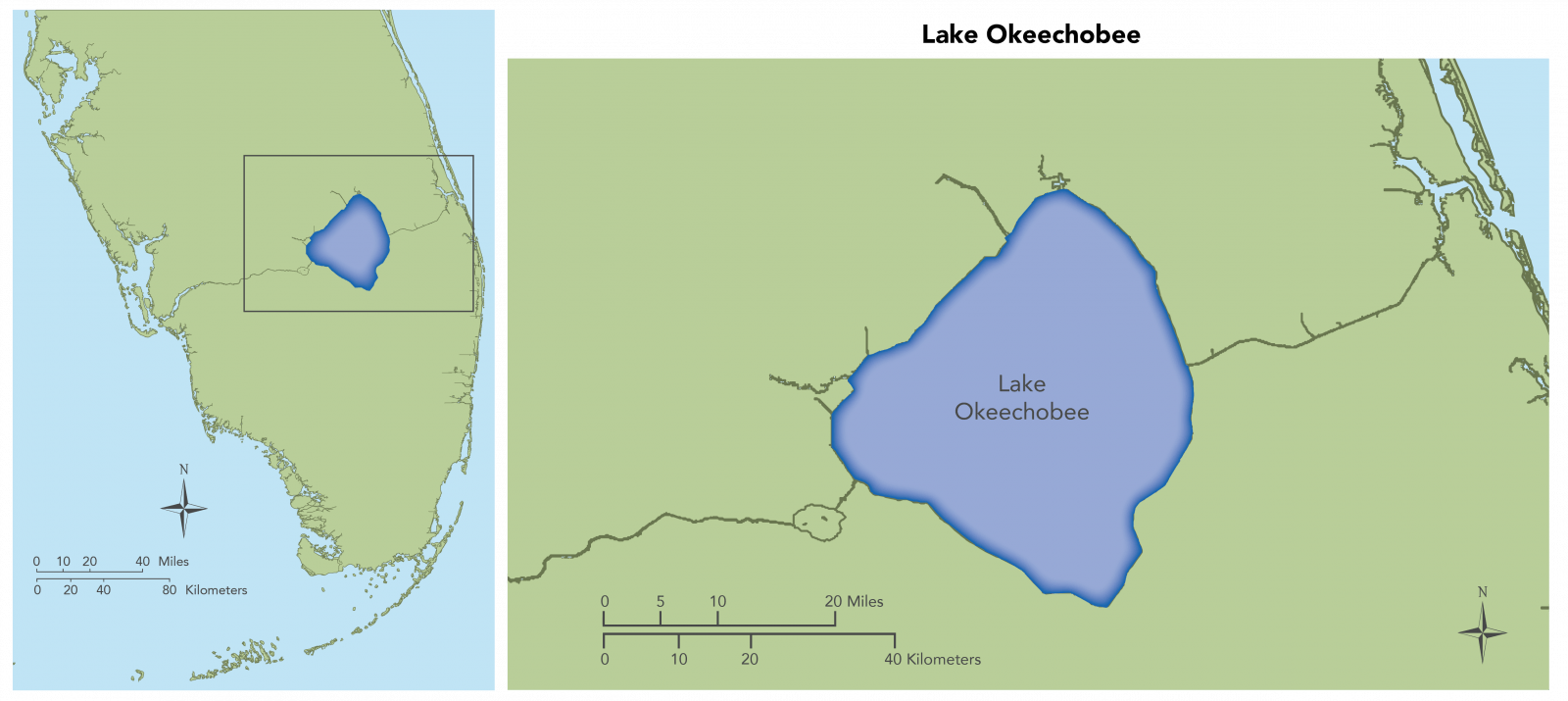  Map showing long view and detail view of Lake Okeechobee. This includes the Caloosahatchee River Estuary, the St. Lucie Estuary and Southern Indian River Lagoon, and the Loxahatchee River Estuary